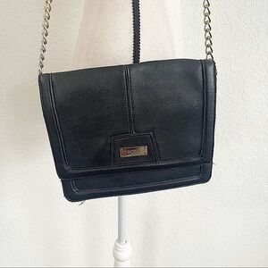 BCBG Black Faux Leather Shoulder Bag Gold Chain Magnetic Clasp Closure